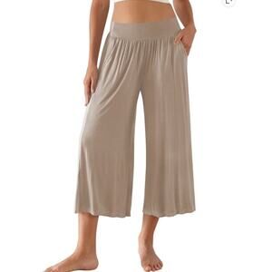 NWT ~ Plus Size Tan Wide Leg Cropped Casual Palazzo Pants Yoga Lounge ~ XXL